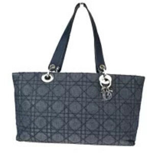 Christian Dior Cannage Handbag Denim Blue Canvas Leather